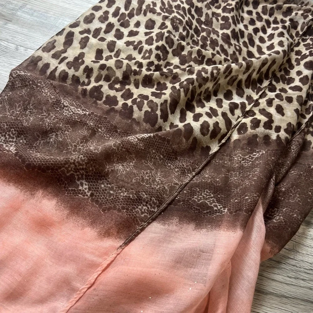 Ain Khalil Scarf Womens OS Pink Brown Leopard Print Glitter Lace‎ Trim Wrap